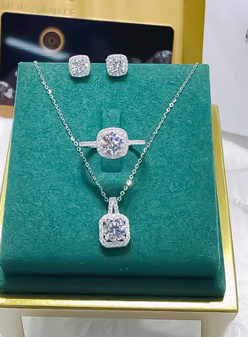 Necklace+Ring吊坠方形切割微镶锆首饰时尚项链耳钉戒指三件套装