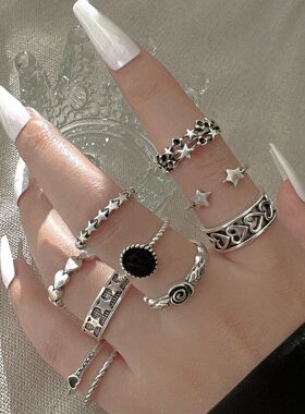 10pcs Women Rings复古做旧戒指10件套装朋克个性桃心玫瑰花戒指