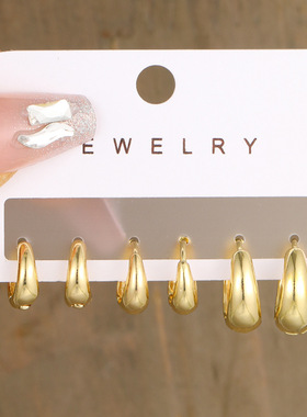 3pcs Earring Ear Stud Sets铜耳圈夸张个性金色耳环复古耳圈套装