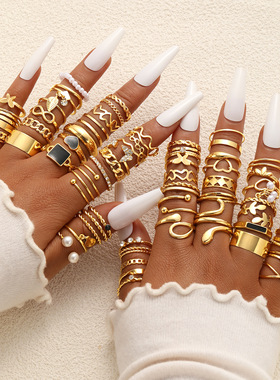 69pcs Ring Sets Jewelry欧美8字黑色方块仿珍珠戒指创意素圈戒指