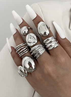 8pcs Ring欧美不规则几何弧面开口戒指小众气质创意女士手饰8件套