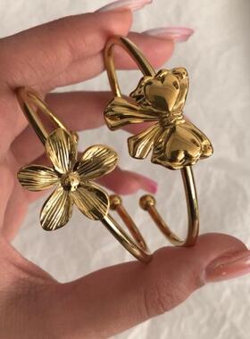 Bracelet欧美复古风蝴蝶结金色手环开口可调节小众设计感开口手镯