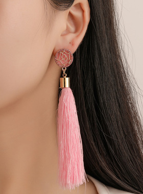 Women Earring Ear Stud Gifts欧美玫瑰花镶钻长款流苏耳环耳饰