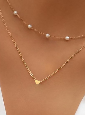 Choker Necklace双层项链创意简约项饰铜质桃心仿珍珠多层锁骨链