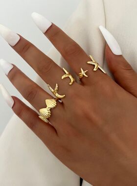 3pcs Women Ring Sets休闲海星贝壳开口戒指海洋度假女手饰3件套