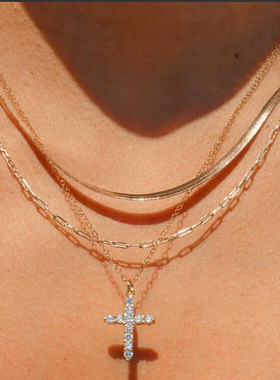 3pcs Cross Necklace潮流嘻哈点钻十字架项链3件套多层叠戴锁骨链