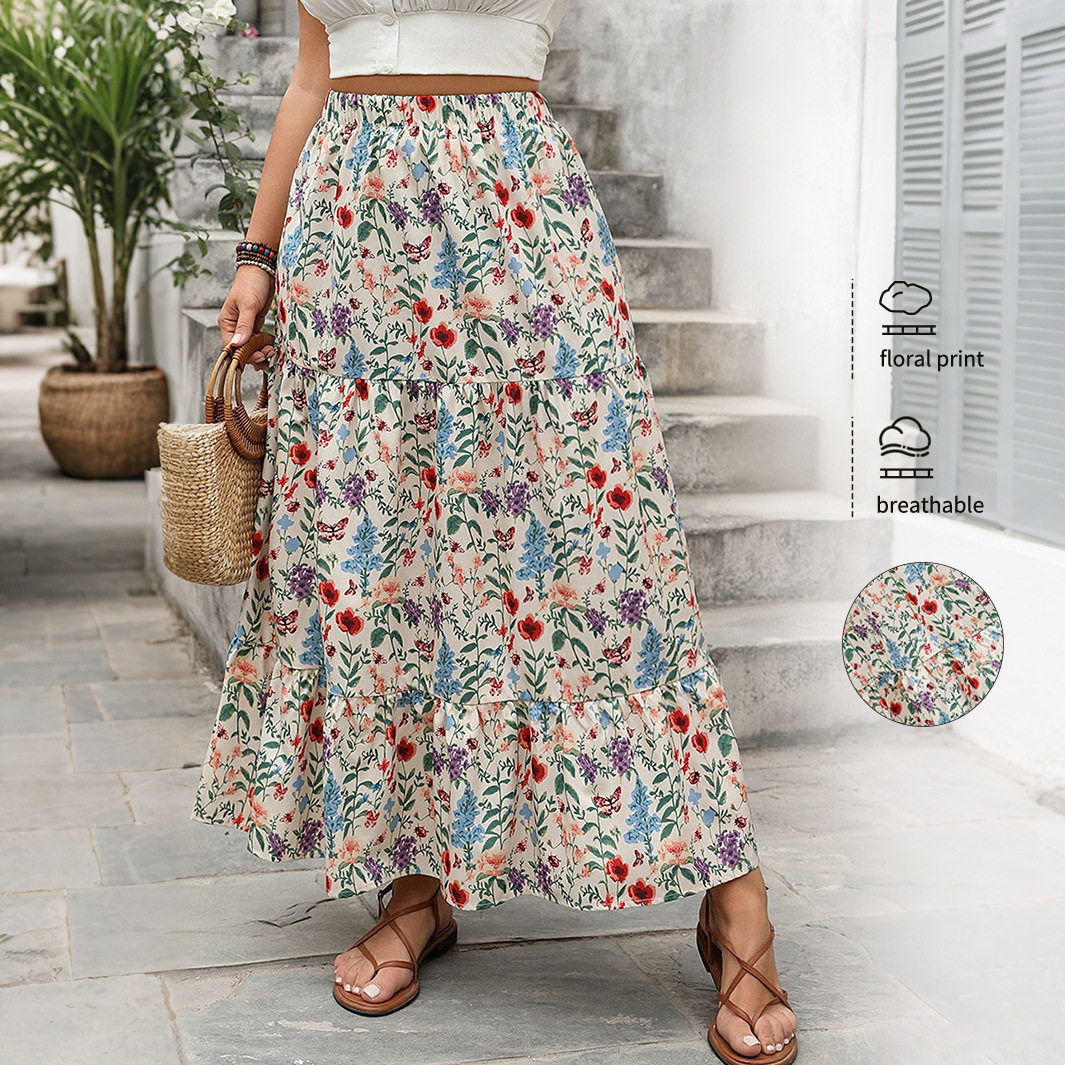 Fashion Floral Women Skirt春夏休闲度假裙子大摆碎花田园半身裙