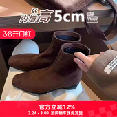 25爆款 加绒弹力瘦瘦靴女 棕色小个子内增高方头靴绒面粗跟短靴法式