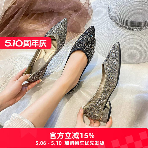 法式尖头单鞋女新款浅口中低跟鞋