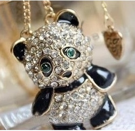 滢朵朵韩版 很Q可爱 满钻超闪 熊猫项链 毛衣链 a01429