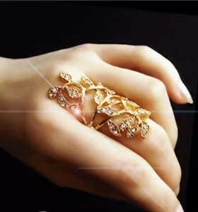 韩版金色枝蔓树叶镶钻戒指