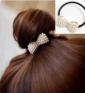 滢朵朵丸子头 甜美风 可爱百搭小小珍珠蝴蝶结发圈/发绳 b01102