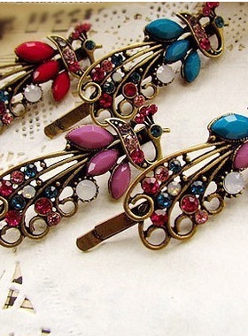 滢朵朵欧美复古首饰 饰品 孔雀复古彩钻发夹 边夹 b03223D