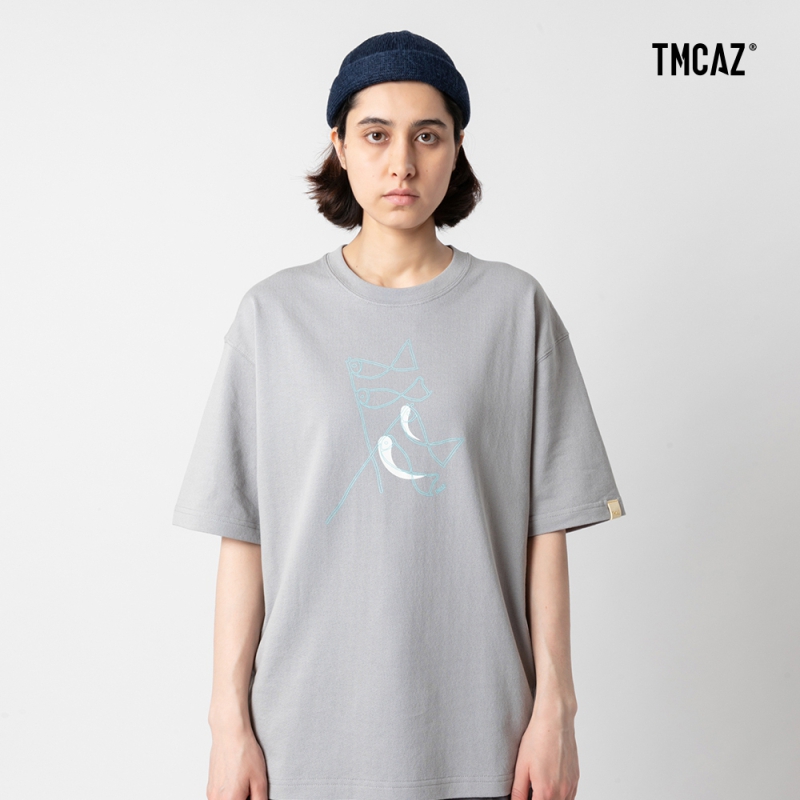 灰色露营印花宽松短袖圆领T恤