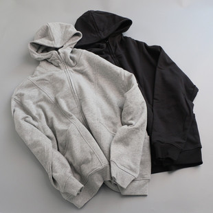 高棉薄绒大口袋连帽卫衣外套女秋冬高级感宽松慵懒风净面 拉链衫