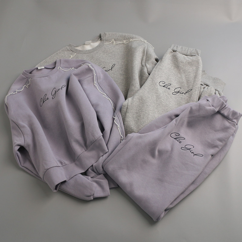 女童黑色加绒运动套装秋冬女宝保暖荷叶花边洋气上衣长裤120-160