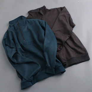 春季加绒仿麂皮绒字母刺绣半拉链立领卫衣宽松显瘦简约休闲外套男