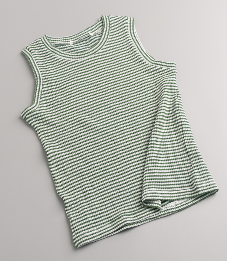 短袖薄华夫格条纹针织女