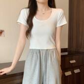 正肩U领短袖 内搭打底衫 T恤女夏季 修身 chic甜辣上衣 韩版 小个子短款