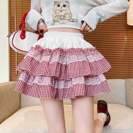 粉色格子甜妹蓬蓬蛋糕裙女春夏季高腰防走光蕾丝拼接A字半身短裙