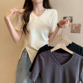 小个子辣妹不规则开叉短款 设计感短款 上衣服 夏季 v领正肩t恤女短袖