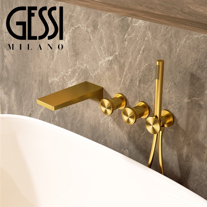 意大利GESSI捷仕全铜浴室浴缸边入墙式冷热水龙头拉丝金淋浴花洒
