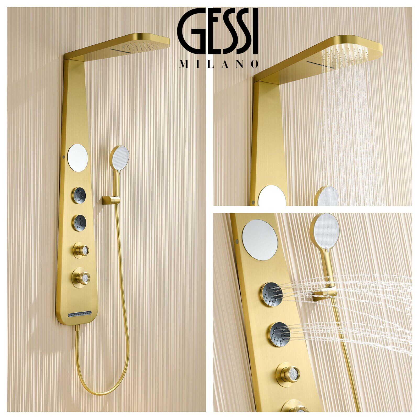 意大利GESSI捷仕全铜拉丝金冷热水花洒浴室五功能淋浴屏花洒套装