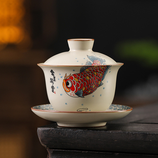 盖碗汝窑青花瓷开片可养金玉满堂茶碗防烫泡茶功夫茶具悬停三才杯