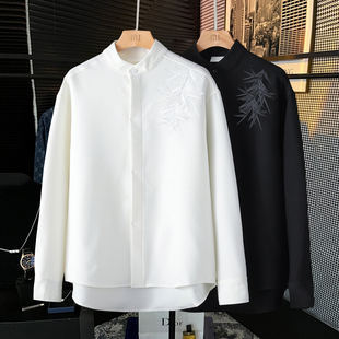 竹叶刺绣新中式 男潮流立领中山装 唐装 衬衫 痞帅复古中国风长袖 秋季