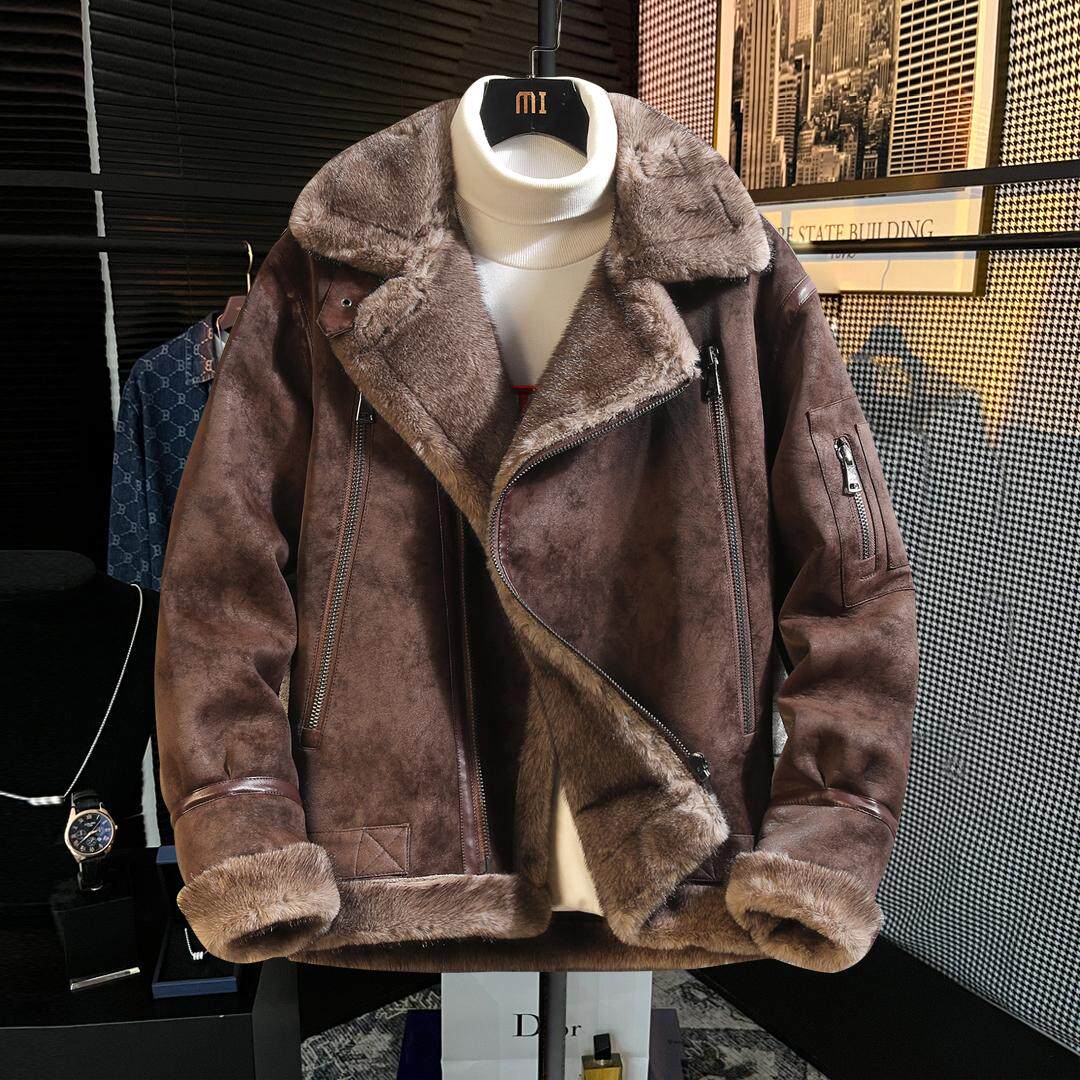 轻奢复古皮衣安哥拉红冬季加绒加厚夹克大码机车服皮毛一体外套男