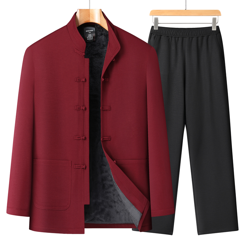 中老年唐装男加绒加厚老人冬季保暖外套中年爸爸棉衣国风爷爷套装