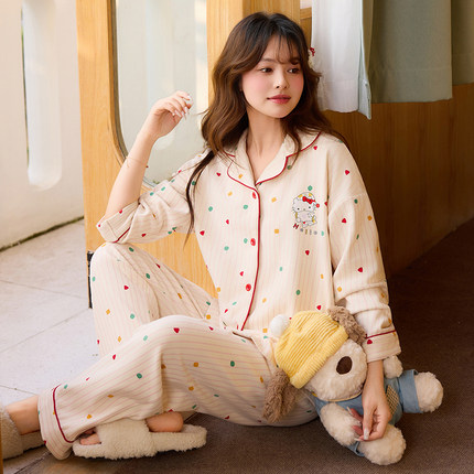 2025秋冬季新款睡衣女款德绒保暖加厚甜美可爱长袖开衫家居服套装