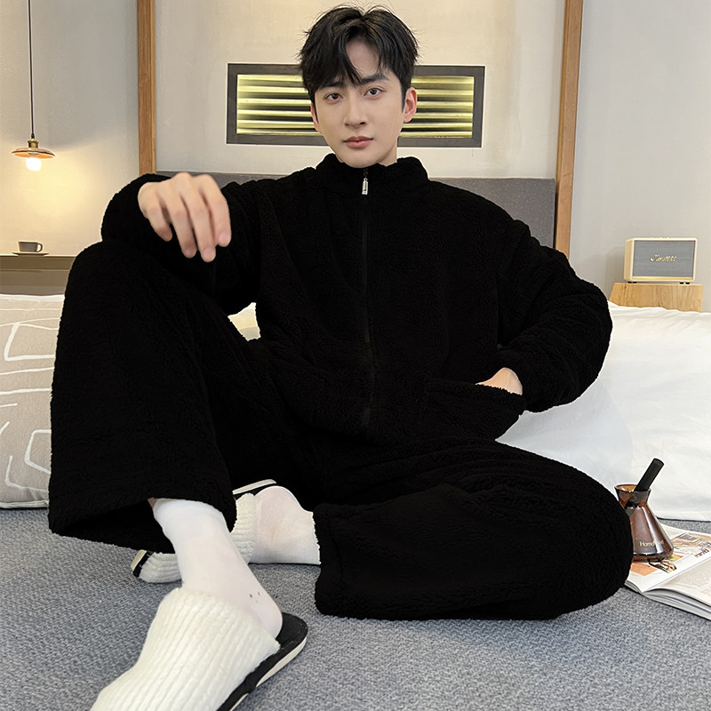 男士睡衣秋冬季款加绒加厚保暖珊瑚绒立领拉链黑色休闲家居服套装