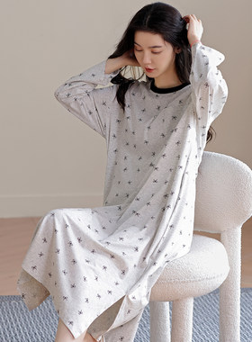 纯棉春秋长袖甜美蝴蝶结睡裙