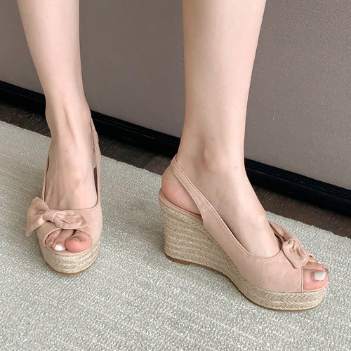 春季麻绳编织蝴蝶结鱼嘴坡跟凉鞋
