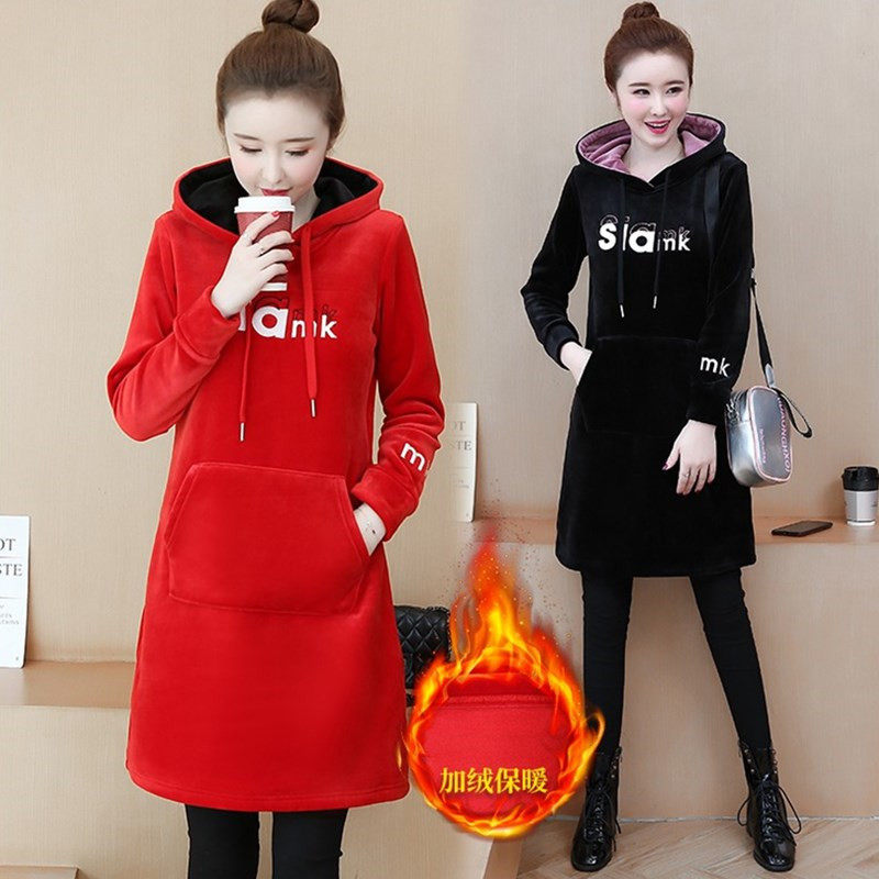 金丝绒卫衣女秋冬小个子加绒加厚遮肉连帽减龄洋气大码直筒连衣裙