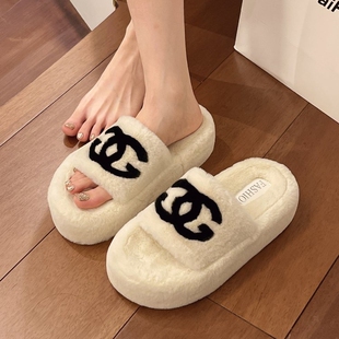 厚底增高毛毛拖鞋2024秋冬新款外穿小香风网红爆款毛绒一字拖鞋女