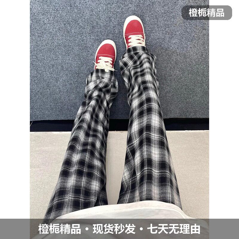 休闲裤男秋季黑白格子宽松直筒