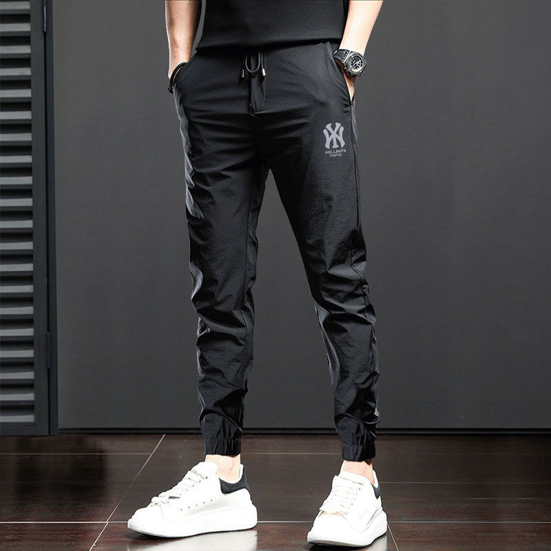 2025裤子男士夏季薄款休闲长裤潮牌修身束脚九分裤运动速干冰丝裤