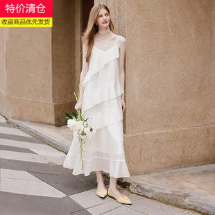 2026春夏新款度假法式v领大码雪纺吊带连衣裙女白色长款蛋糕裙子