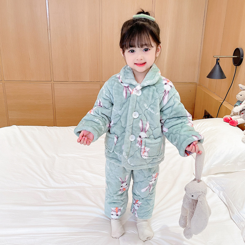 GIRLS PAJAMAS AUTUMN AND WINTER CORAL VELVET CHILDRENS WINTER CLOTHES BABY JACKET COTTON AND FLEECE THICKENED WARM FLANNEL LOUNGEWEAR
