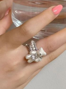 【童趣小熊】可爱小熊仿珍珠戒指小众设计高级感时尚百搭食指戒