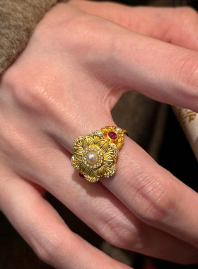 小红书爆款繁花似锦小金花珍珠戒指古法新中式转运纳福莲花指环