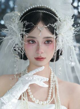 原创设计手工流苏纱花仙美羽毛串珠新娘头花婚礼配饰影楼跟妆