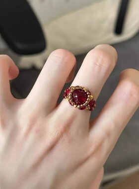 酒红串珠戒指镶嵌个性法式复古简约锆石时尚高级感轻奢指环女