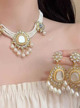 法式复古水滴吊坠多层珍珠项链耳环套装轻奢小众高级感礼服配饰