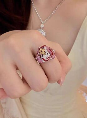 哈喽kt猫满钻戒指女简约小众轻奢气质甜美可爱少女心卡通时尚指环