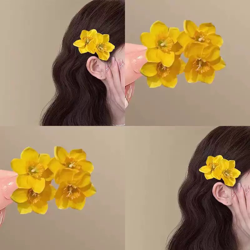 2025原创【春春欲动】明媚黄色双生花朵发夹甜美可爱侧边夹发卡