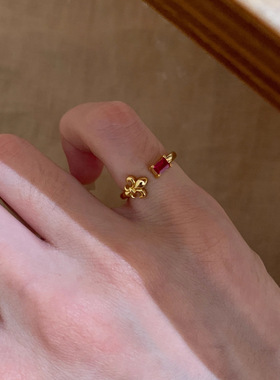 小红书爆款中古vintage方形红鸢尾戒指时尚精致设计尾戒一件代发