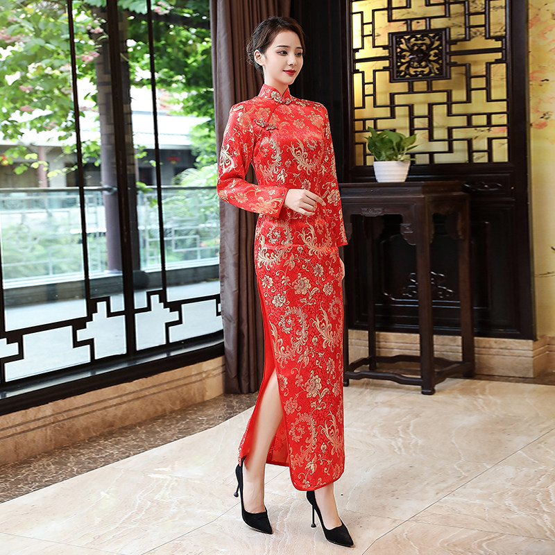 礼仪旗袍红色高开衩长旗袍酒店迎宾走秀剪彩敬酒宴会小姐旗袍礼服